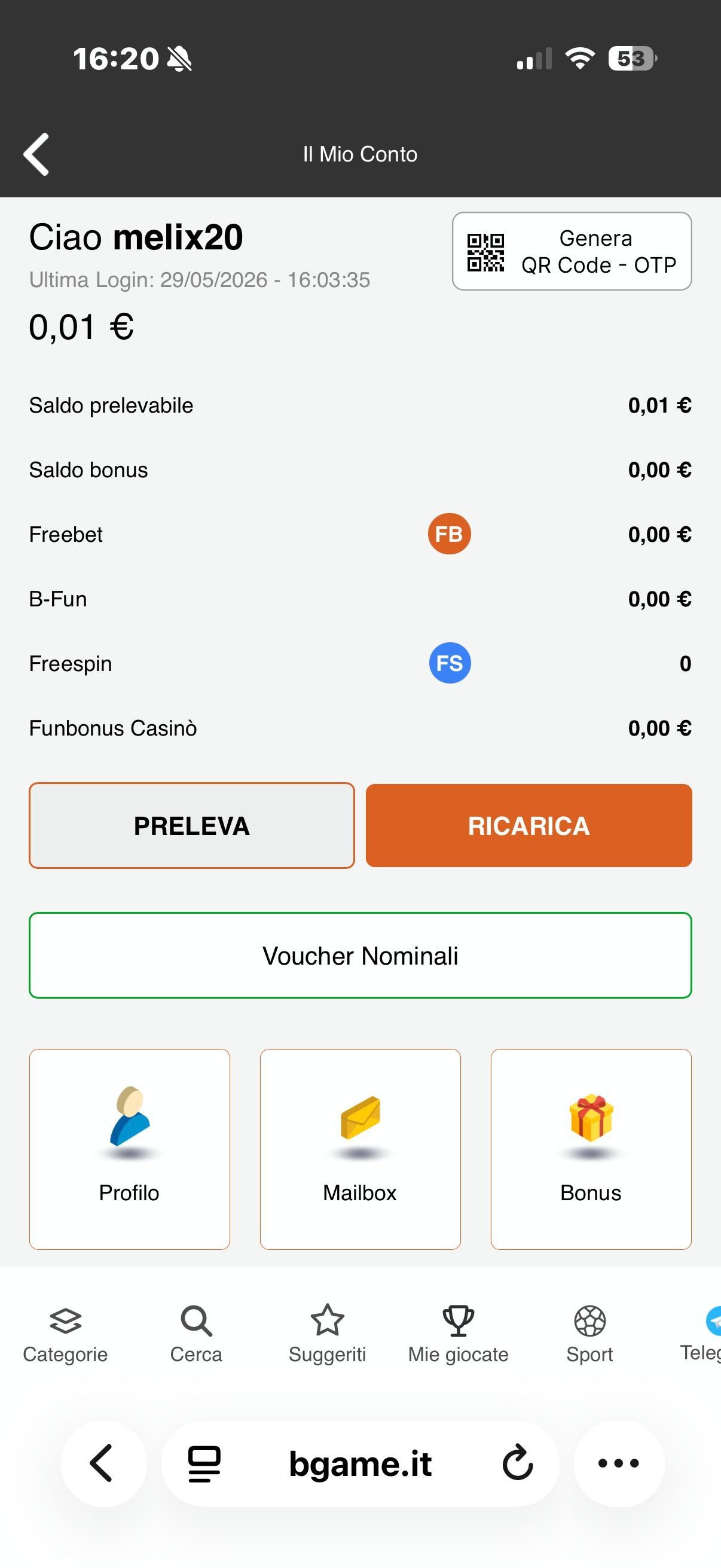 Pagina del conto gioco con il pulsante Preleva