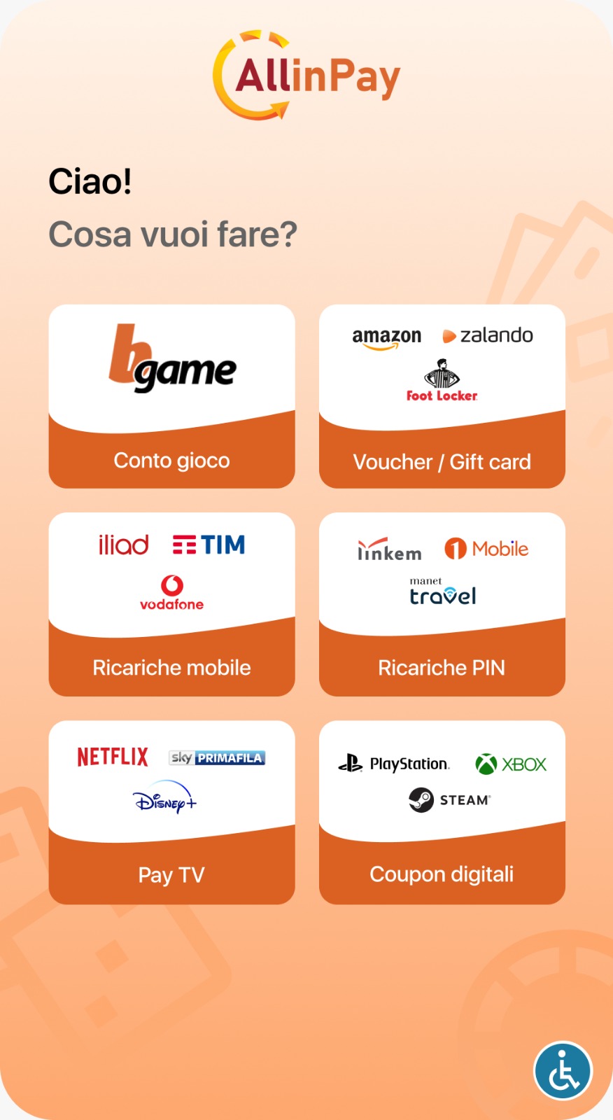 Home page del kiosk AllinPay con il pulsante Conto gioco